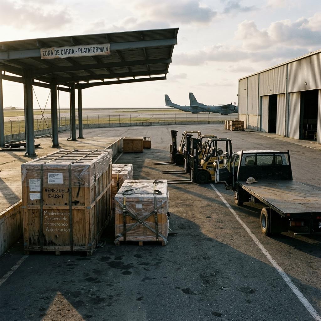 Venezuela empty loading area showing c-295 and cn-235 transport and patrol aircraft equipment and a restrained supply-chain scene.