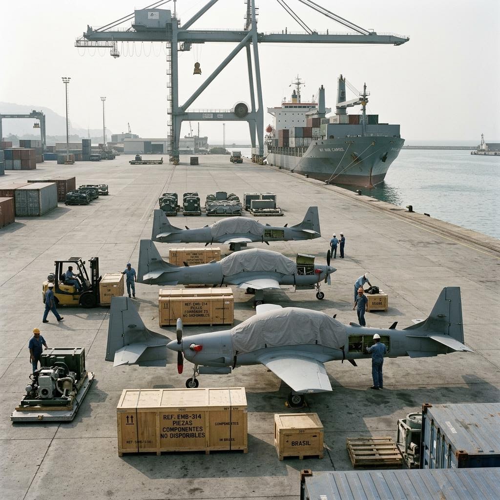 Venezuela quiet port berth showing embraer super tucano light attack aircraft equipment and a restrained supply-chain scene.