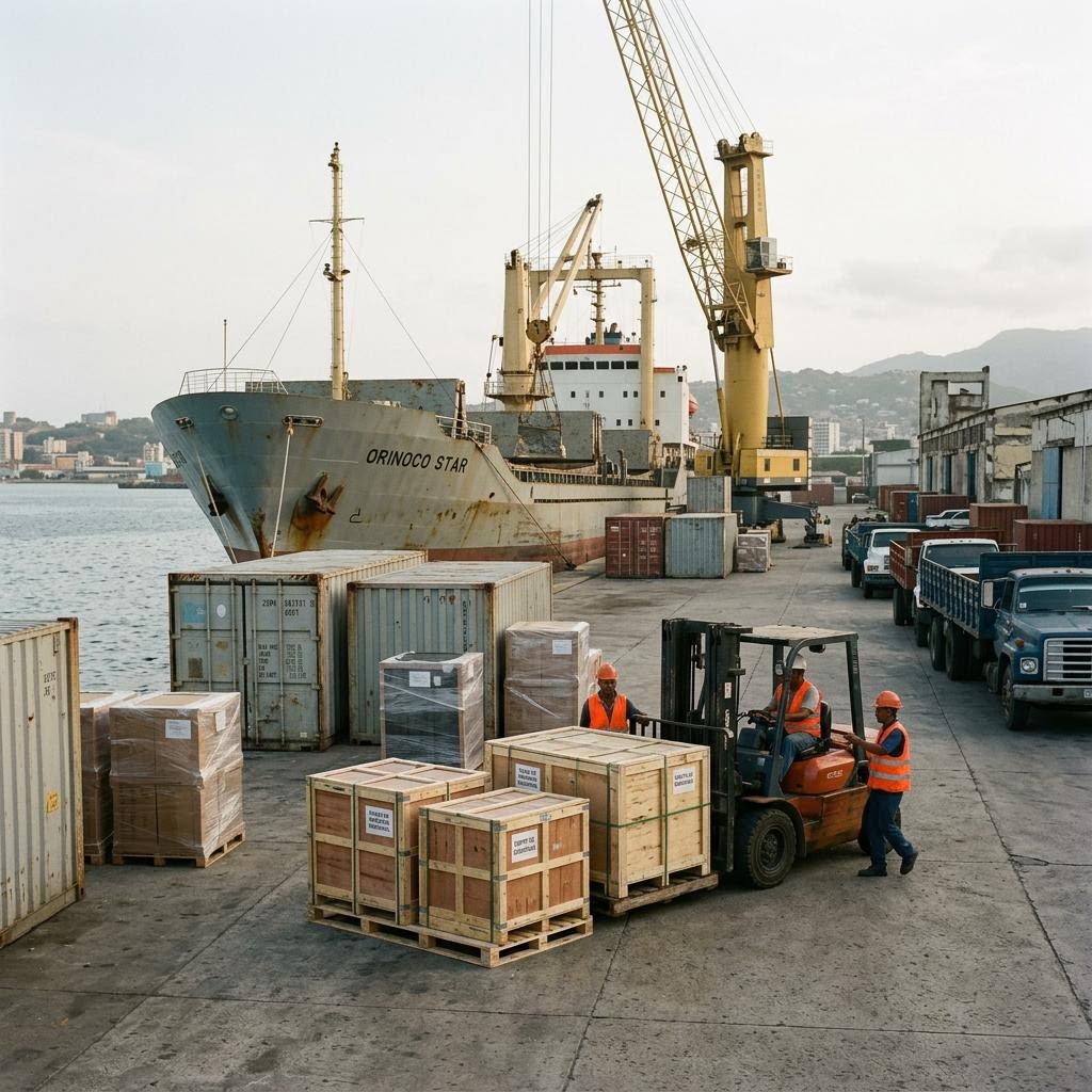 Venezuela quiet port berth showing arms and equipment usable for internal repression equipment and a restrained supply-chain scene.