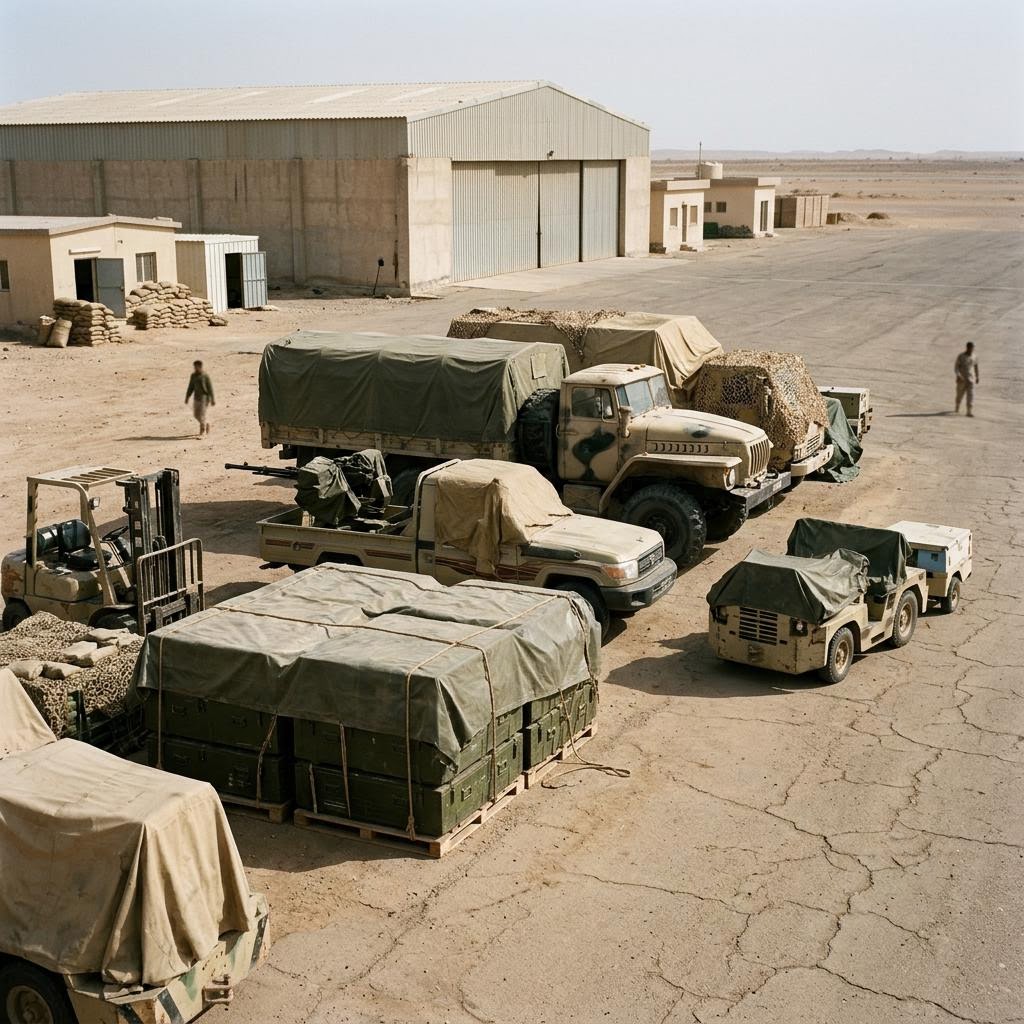 Yemen / designated Houthi-aligned entities airfield support apron showing arms and military materiel equipment and a restrained supply-chain scene.