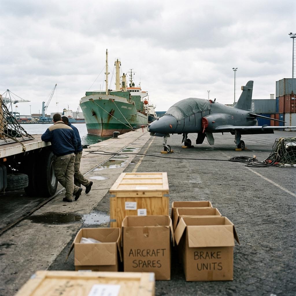 Zimbabwe quiet port berth showing hawk combat aircraft and uk-origin equipment equipment and a restrained supply-chain scene.