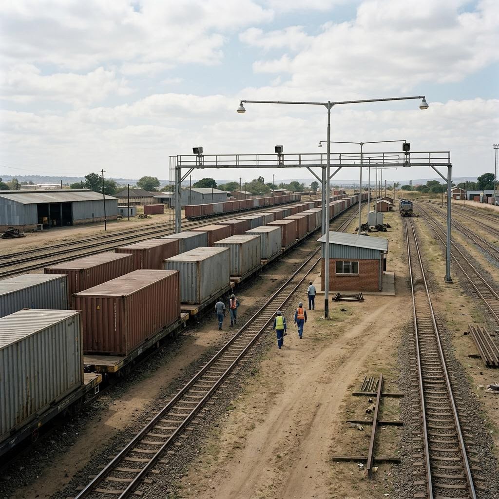Zimbabwe rail freight terminal showing arms, military equipment and related services equipment and a restrained supply-chain scene.